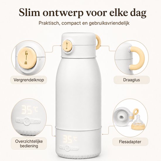 Draagbare Flessenwarmer 500ml - Baby Waterwarmer met 10.000mAh Accu, USB-C, 35-55°C Temperatuurregeling, 24u Warmhoudfunctie, Kinderslotn - Wit — afbeelding 2