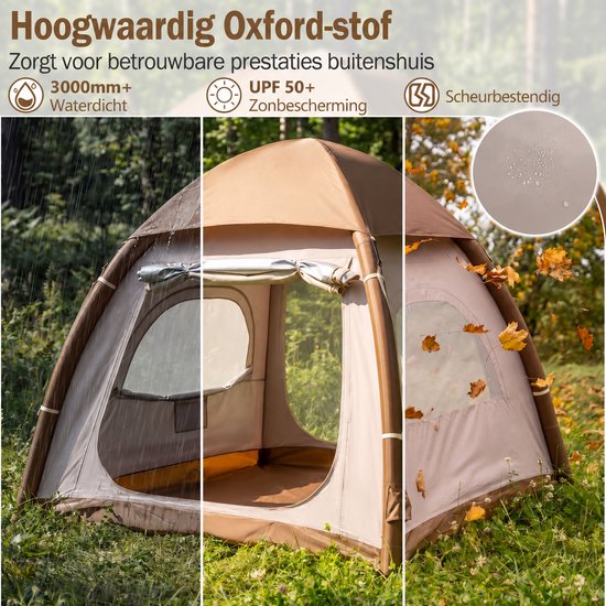 Opblaasbare tent - pblaasbare glamping tent - Waterdicht - Tot 4 personen - Khaki - Camping - Tuin - Glamping - 208 L x 208 B x 196 H cm — afbeelding 5