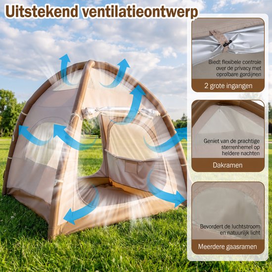 Opblaasbare tent - pblaasbare glamping tent - Waterdicht - Tot 4 personen - Khaki - Camping - Tuin - Glamping - 208 L x 208 B x 196 H cm — afbeelding 3