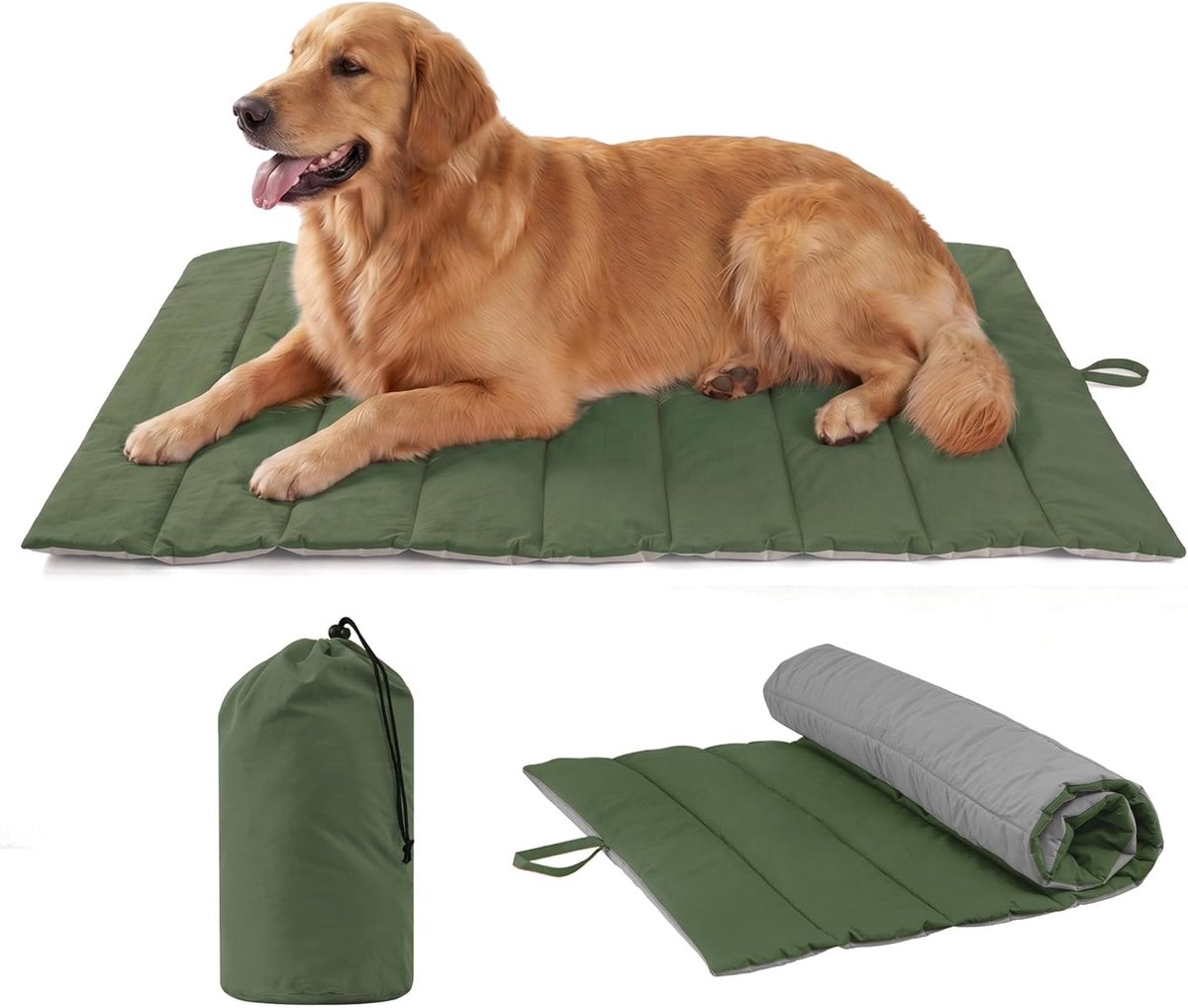 Hondendeken voor onderweg 110 x 68 cm, antislip, antistatische en duurzame hondenmat, wasbare hondenkussen voor grote honden, reiswieg voor honden voor reizen, kamperen, buiten (Groen + Grijs)