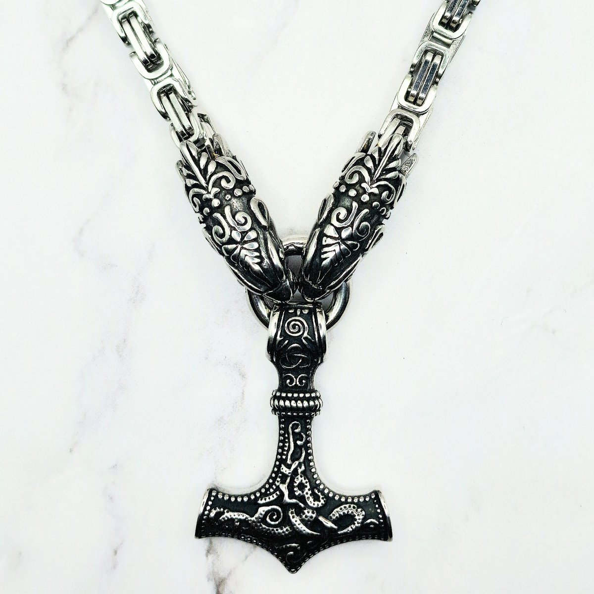 Mei's - Viking Steel Dragon Hammer - ketting heren - Mjolnir - RVS zilver - 70 cm