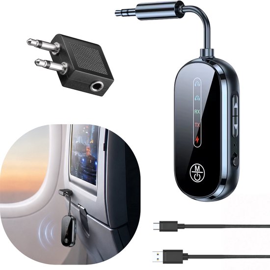 Zwarte Bluetooth zender/ontvanger, vliegtuigadapter, USB-kabels en gebruiksillustratie in vliegtuig.