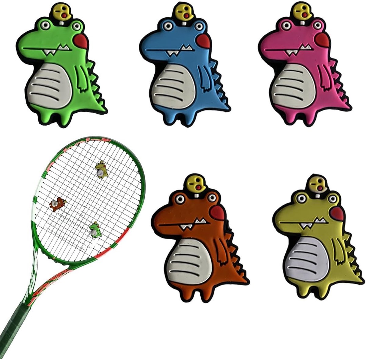 Dailygoods- Tennisdemper Schattig Dinosaurusvorm - Siliconen Dempers - Geschikt voor Tennisrackets - Set van 5 - Antivibratie Kenmerk - Tennisstoter
