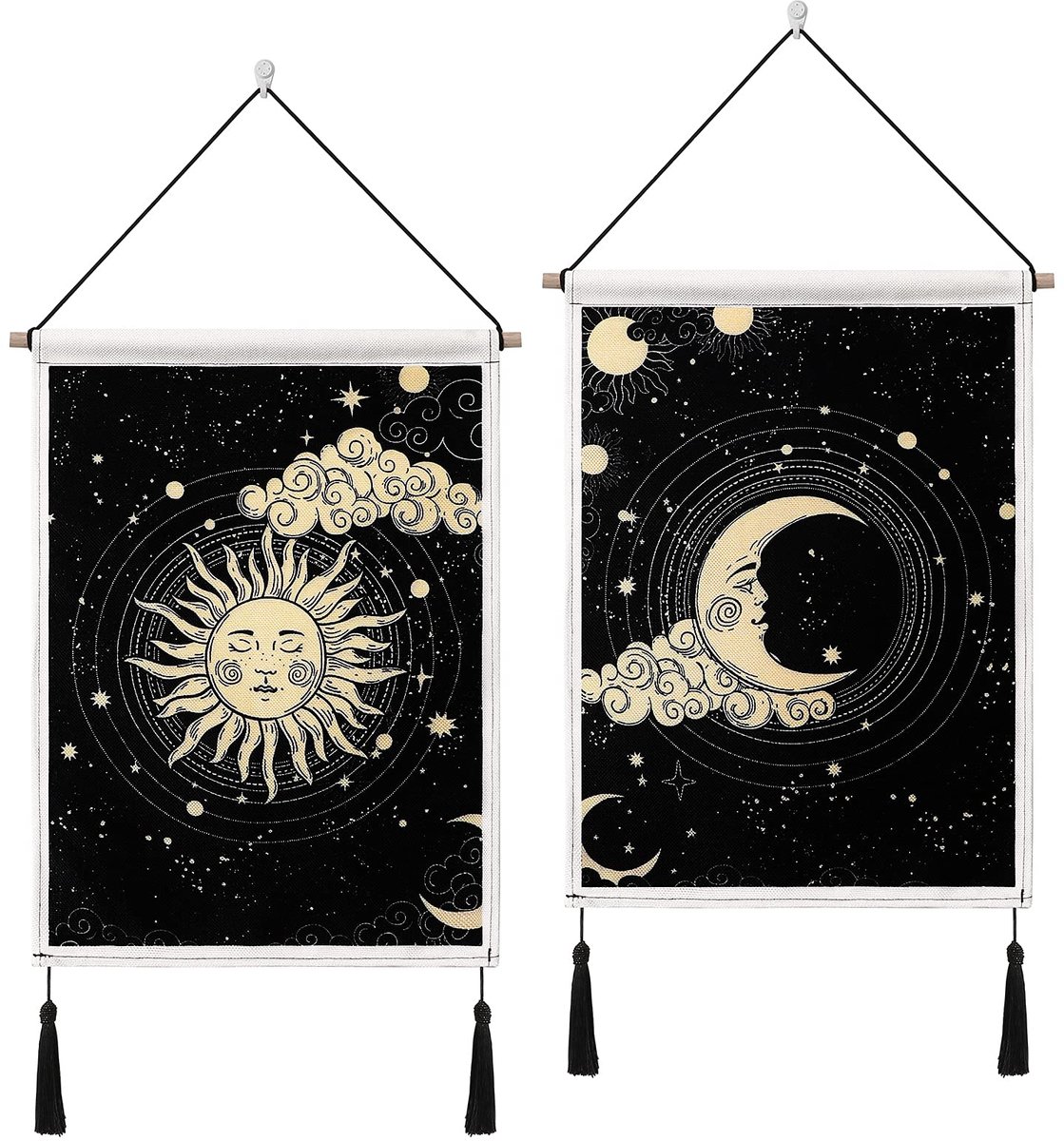 SnelShoppen - Pack van 2 Bohemian Moon en Sun Tapestries met Tassels - Zwarte Wanddecoratie voor Slaapkamer en Woonkamer - Sterren en Wolken Design -