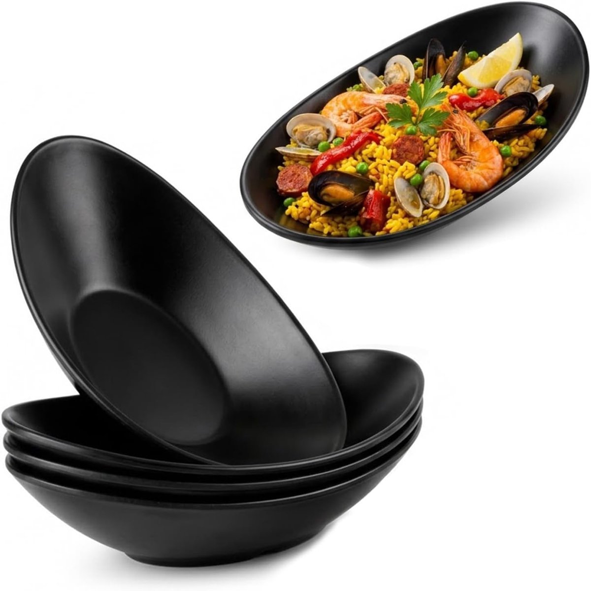 4 stuks dessertborden, zwart, serveerborden, 21,5 x 11 x 4,5 cm, melamine, borden, voorgerechten, zwart, mat, sleutelschaal, hal, voor dessert, taart, dessert, decoratieve schalen