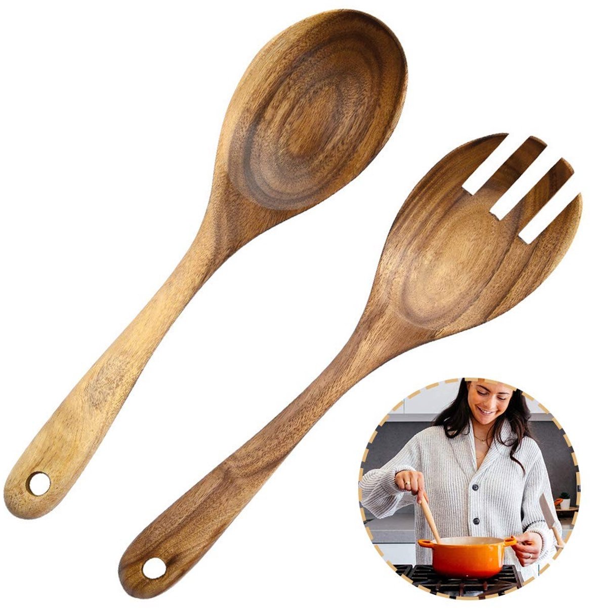 Dailygoods- Salade Servers Handgemaakt - Houten Lepel/Vork Set - Natuurlijke Acaciahout - Vaatwasmachinebestendig - 2 Stuks - 26 x 6,8 cm - Saladelepel