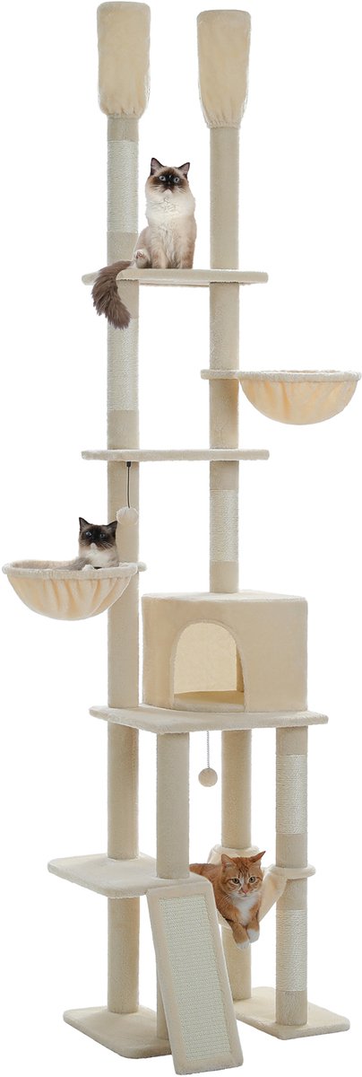 QUESTYR - Krabpaal - 216–285 CM - In Hoogte Verstelbaar - 7 Niveau's - 5 Platforms - 3 Hangmatten - Beige - Met Speeltje