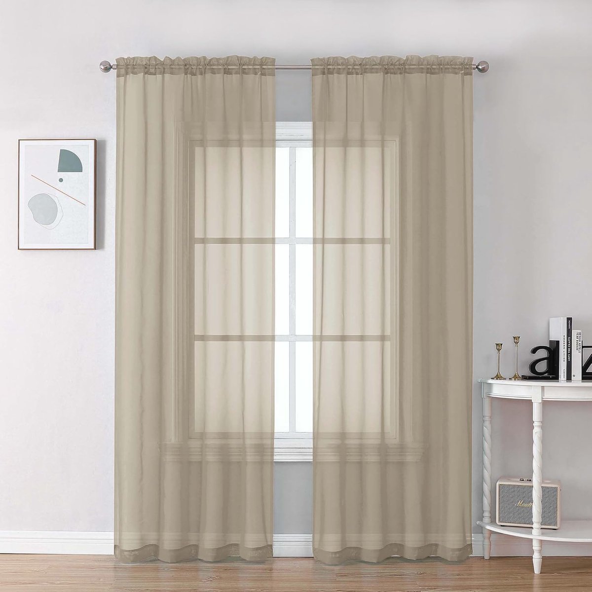 Taupe doorschijnende gordijnen 213 cm lengte 2 panelen, lichtfilterende, zachte, luchtige voile met roedezak, doorschijnende raamgordijnen voor slaapkamer, woonkamer, elk 100 B x 213 cm