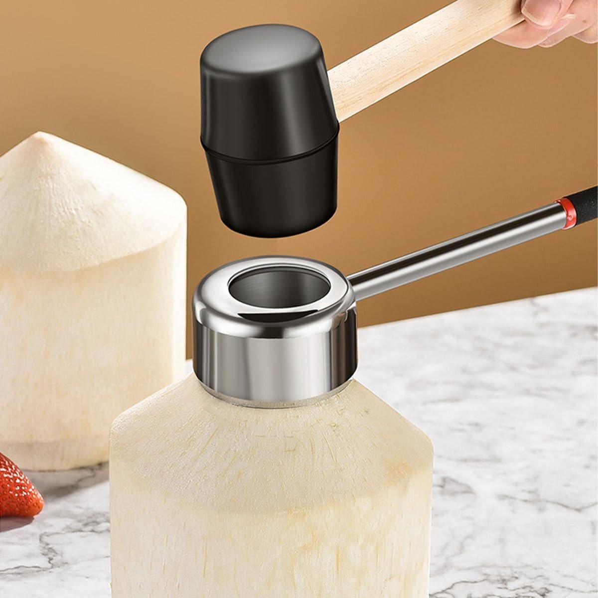 Dailygoods- Kokosnootopener 3-delige set - Rubber hamer met houten handvat - Siliconenmat - Schokbestendig - Roestvrij staal - Voor vers kokosnotensap - Kokosnoot Gereedschap