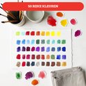 Grote aquarelverf kleurkaart met 50 kleuren, van lichtgeel tot dieppaars.