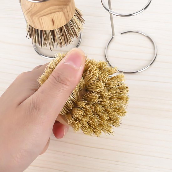 2 stuks bamboe handpalmborstel met 2 opbergschalen, houten borstel, schuurborstel voor potten, pannen, keukenspoelbak, reiniging voor het spoelen van servies, potten, pannen en gootsteen — afbeelding 4