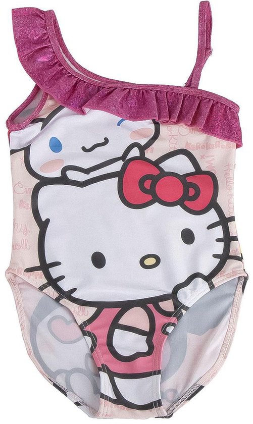 Roze badpak met ruches en grote print van Hello Kitty met Cinnamoroll.
