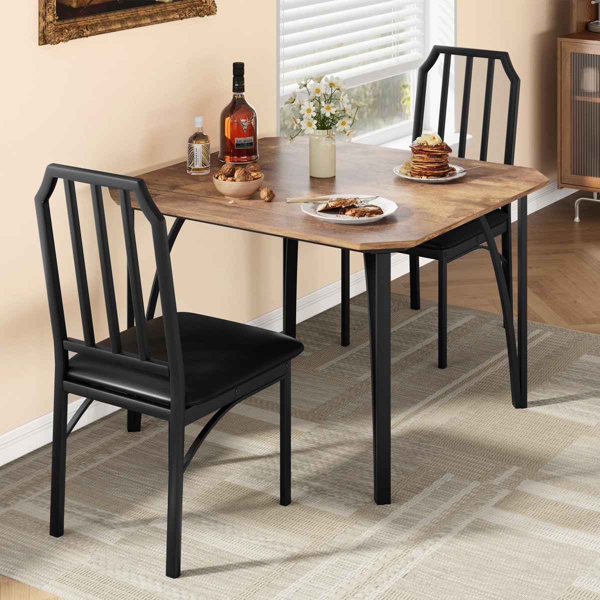 3-delige eetset voor 2 personen, ruimtebesparende keukentafel van 110 cm met stoelen met PU-bekleding en stevig metalen frame, kleine eethoek voor in een appartement, ontbijthoek