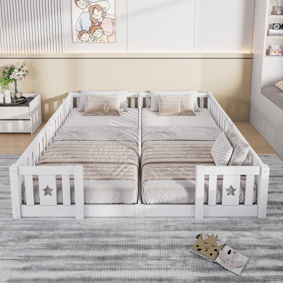 Solvenrik Dubbel Kinderbed 90x200 met Hek – Wit Massief Houten Montessori Vloerbed – Familiebed met Sterren Design & Lattenbodem Wit (Met Lattenbodem)