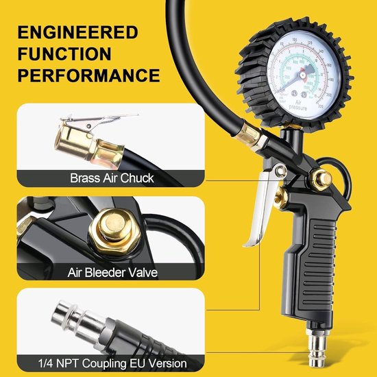 bandenspanningsmeter, 220 PSI bandenpomp, met rubberen slang, ventielgereedschap, compressoraccessoires, conversiemondstuk, adapter, geschikt voor compressor auto motorfiets fiets vrachtwagen — afbeelding 3