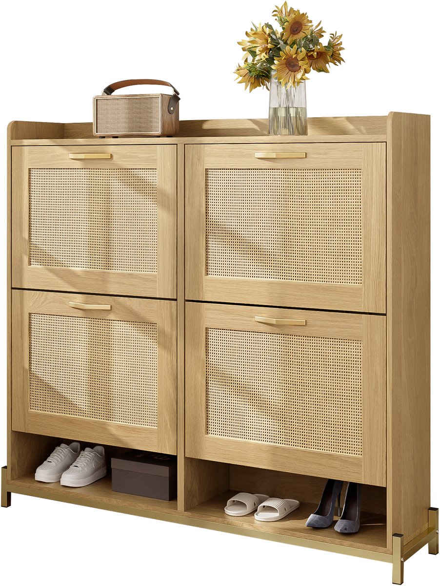Schoenenkast - 108,5x24x100 cm houtlook - 4 rattan deuren & metalen frame - bovenkast