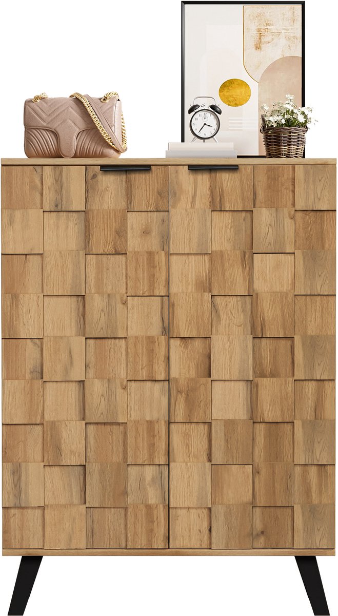 Zubaliya Schoenenkast - 80,5x35x109,5 cm - 4 verstelbare planken - geometrisch houtdesign - zwarte poten
