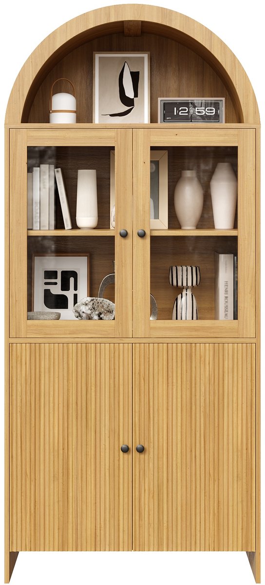 Sideboard - houtkleur - gewelfd design & glazen deuren - golfpatroon & zwarte handgrepen