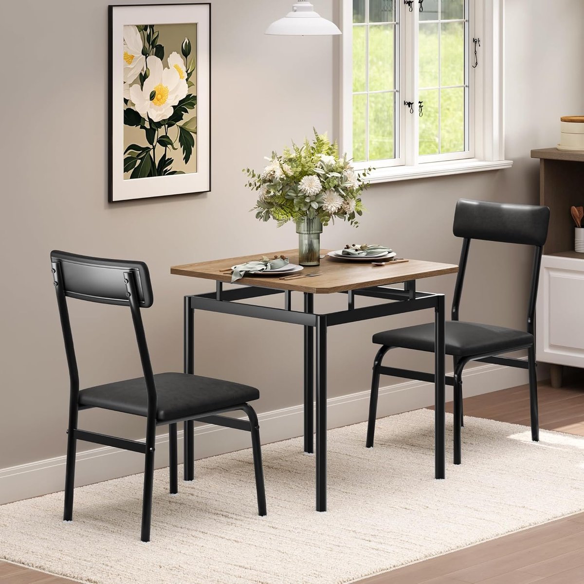 Set eettafel en stoelen voor 2 personen, keukentafel met 2 gevoerde leren stoelen, stalen poten, industriële eettafelset voor kleine ruimtes, appartement (zwart + bruin)