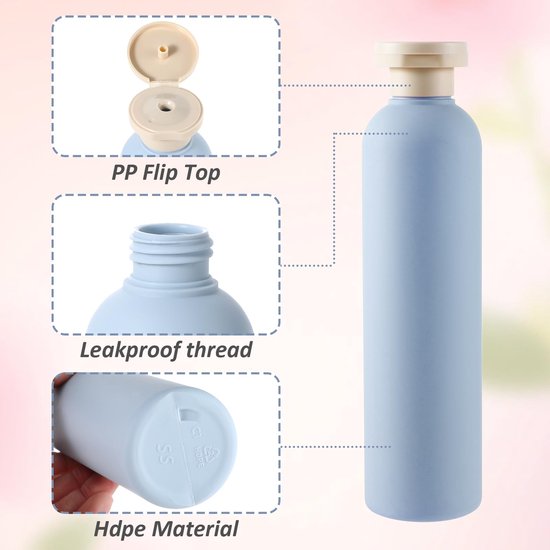 2-pack knijpflessen, 260 ml plastic navulbare reiscontainers met flip-dop - lekvrij voor shampoo, crèmes, lotion, conditioner (blauw + roze) — afbeelding 5