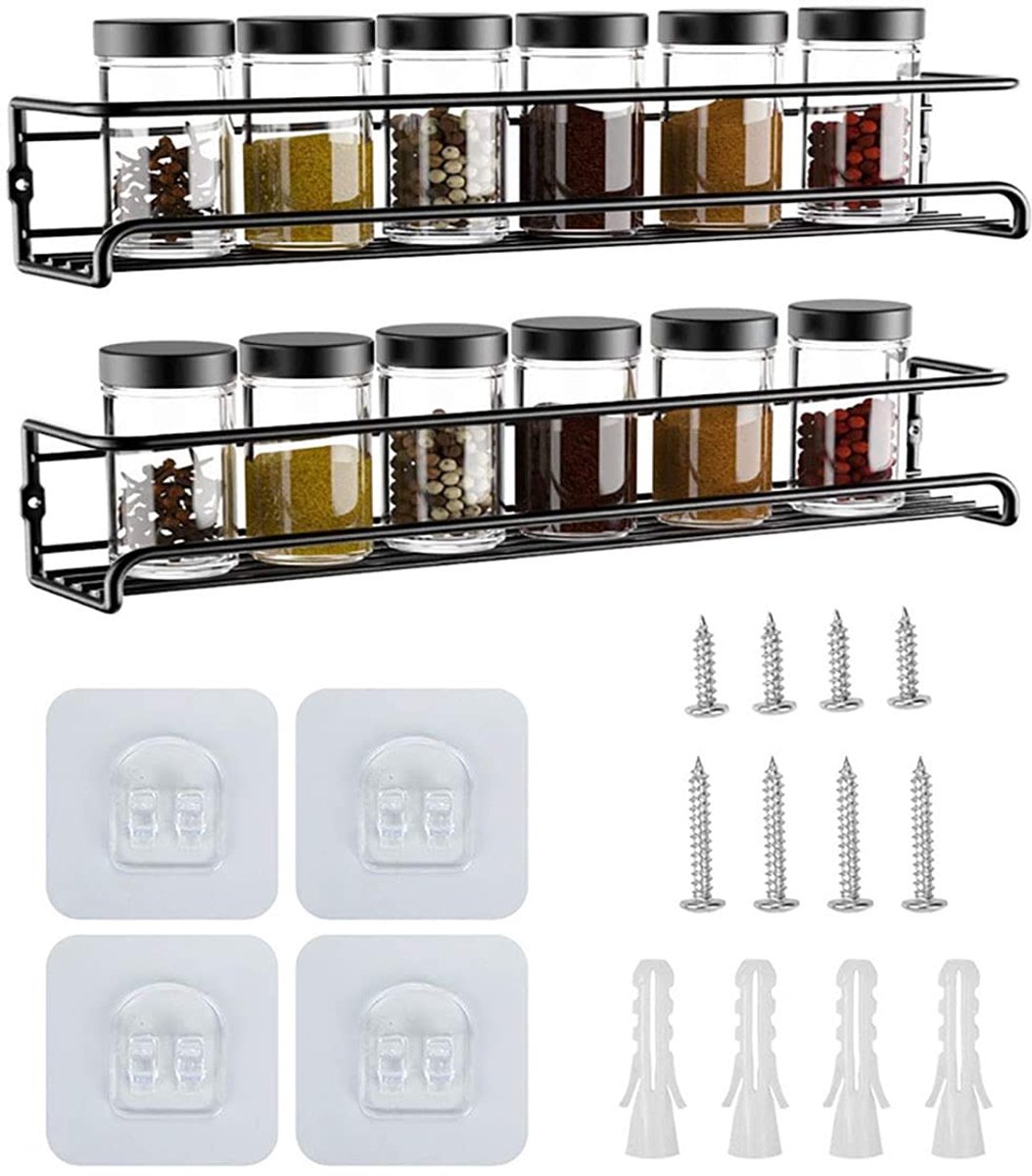 Roestvrijstalen kruidenrek organizer voor kasten of wandgemonteerde set van 2/4 hangende rekken, ideaal voor 12/24 kruidenpotten voor keukenkast, kast of voorraaddeur, 29 x 6 x 6 cm (zwart, 2