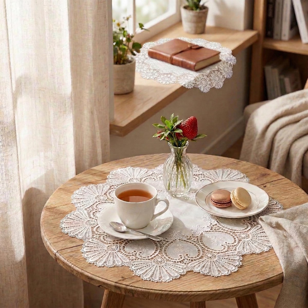 linnen tafelmatten set 2 stuks – Ø38cm retro stijl kant placemats – zilvergrijs – decoratieve ronde placemats voor eettafel, koffietafel, keuken – hartbloem & zonbloem design – wasbaar