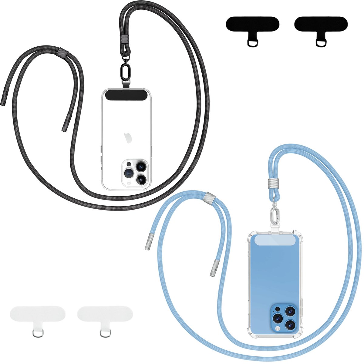 Telefoonketting Universeel - 2 Stuks 4 Pads,160cm Nylon,Sleutelband,Verstelbaar en Afneembaar.(Zwart + Blauw)