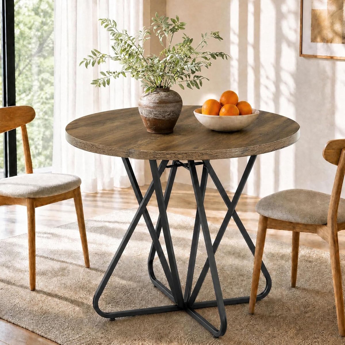 Tribesigns Ronde Eettafel - 80 x 80 x 75 cm - Eettafel met Geometrisch Frame - Boerderij Keukentafel voor 2-4 Personen - Bruin
