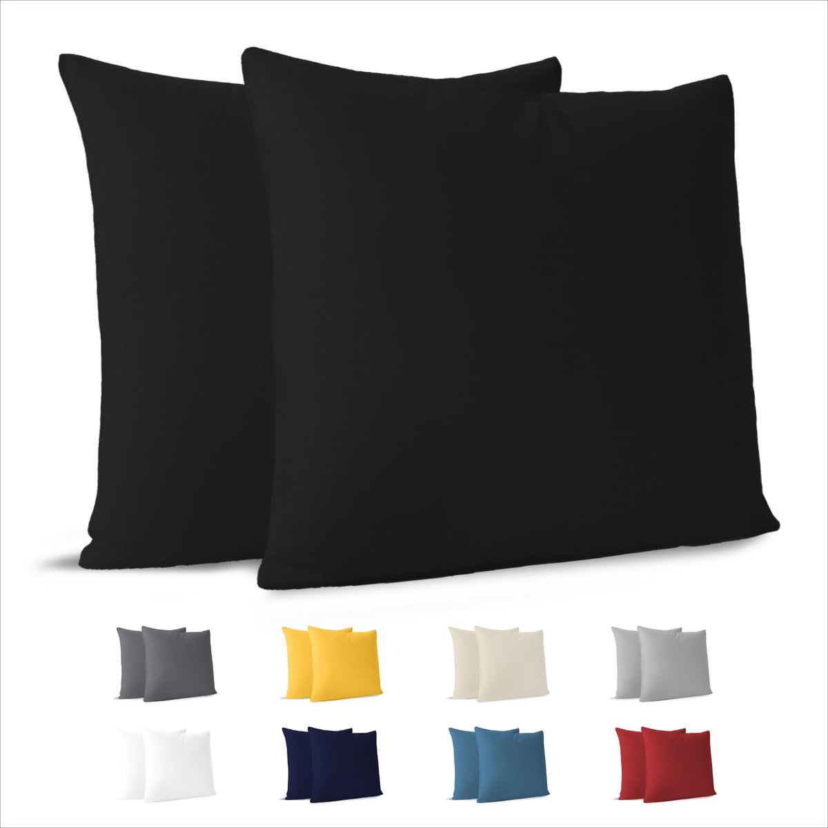 Kussensloop (Set van 2) – Zwart Katoen - Voor Kussens 80 x 80 cm - 100% Jersey Katoen - Beddengoed Dubbel Bed Kussensloop - Kussenbeschermer - Bestendig en Hypoallergeen