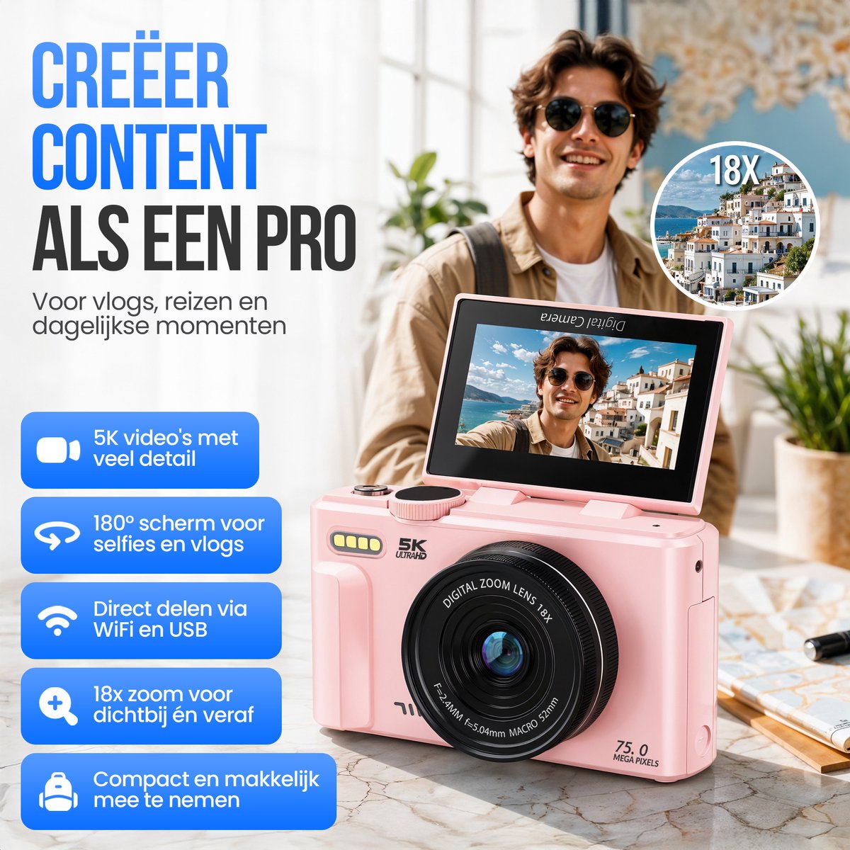 Strex Digitale Camera 5K 75MP - Fototoestel - 18x Zoom - Roze thumbnail 2
