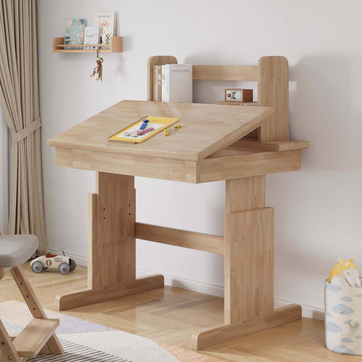 Kindertafel -Bureau met hoogteverstelling in twee standen- Massief hout - Kantelbaar blad (0°-7°)、 (8°-25°)、(26°-43°） - Boekensteun - Vanaf 6 jaar - Natuur