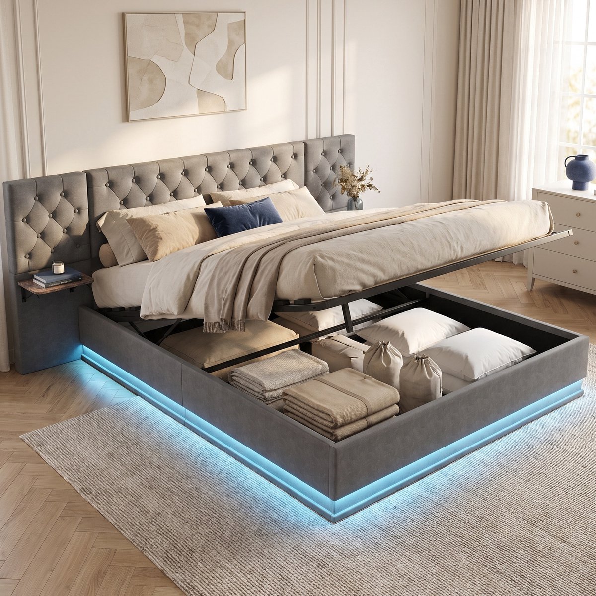 Gestoffeerd Opbergbed 140x200 cm - Tweepersoonsbed met RGB LED - verlengd hoofdbord en lattenbodem - Linnen - Grijs