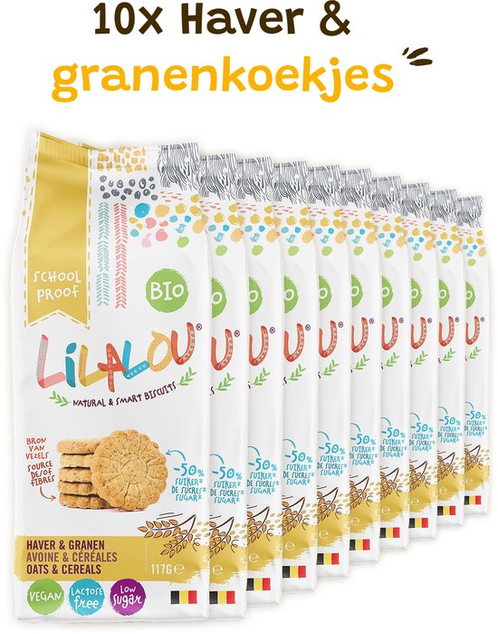 Tien verpakkingen haver- en granenkoekjes, met op de voorgrond gestapelde koekjes. Bio, vegan, lactosevrij en minder suiker.