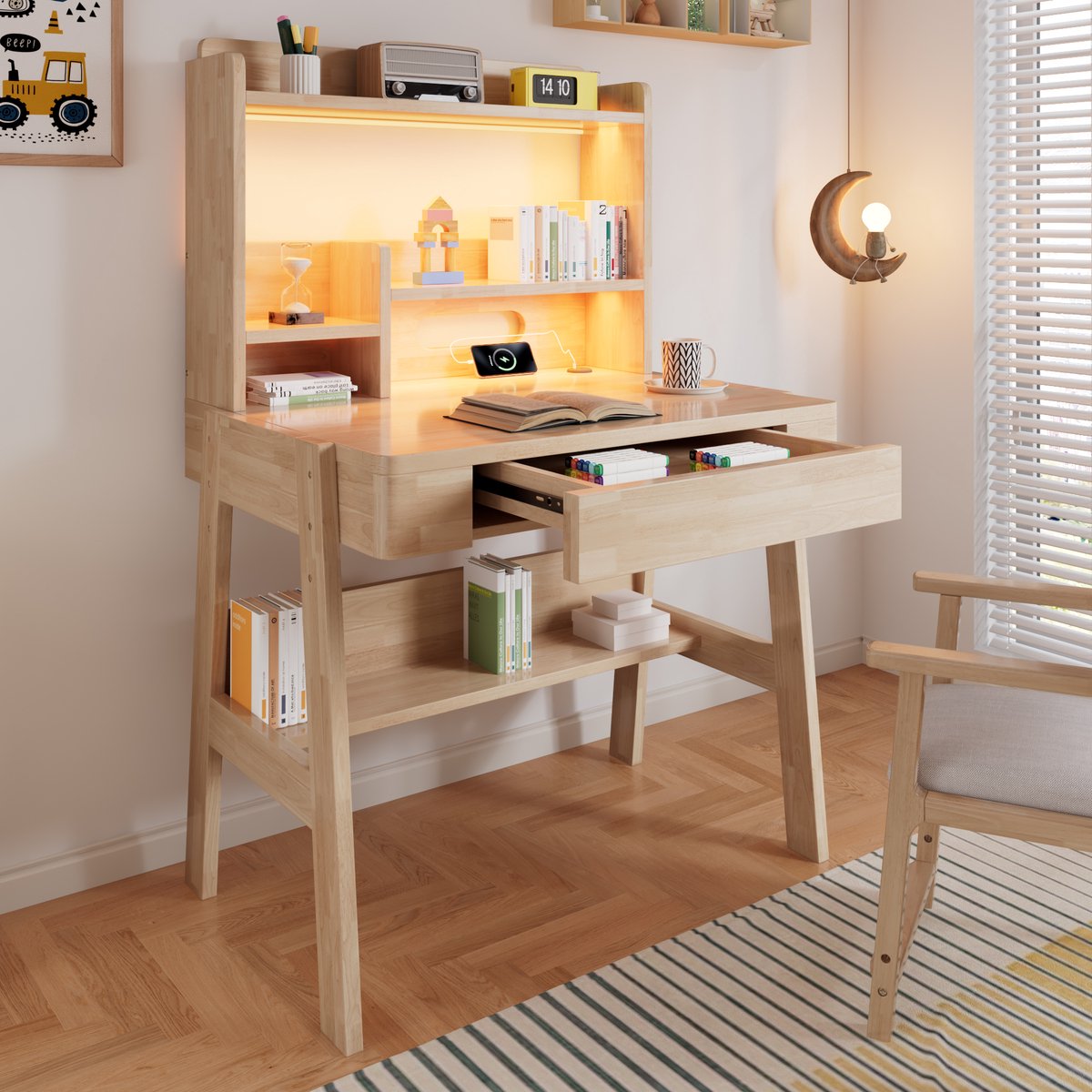 Kindertafel - Hoogteverstelbaar - Massief hout - Met LED-verlichting & USB-poort - Lade & opbergruimte - Vanaf 6 jaar - Natuur