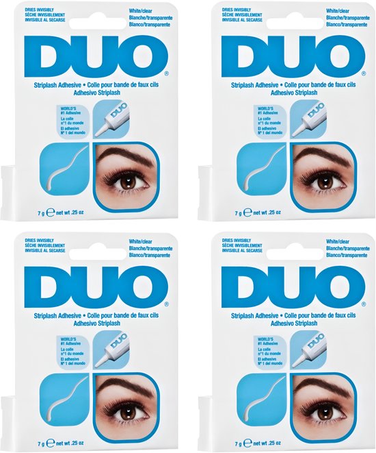 Vier verpakkingen DUO striplash adhesive in wit/clear, naast elkaar geplaatst.