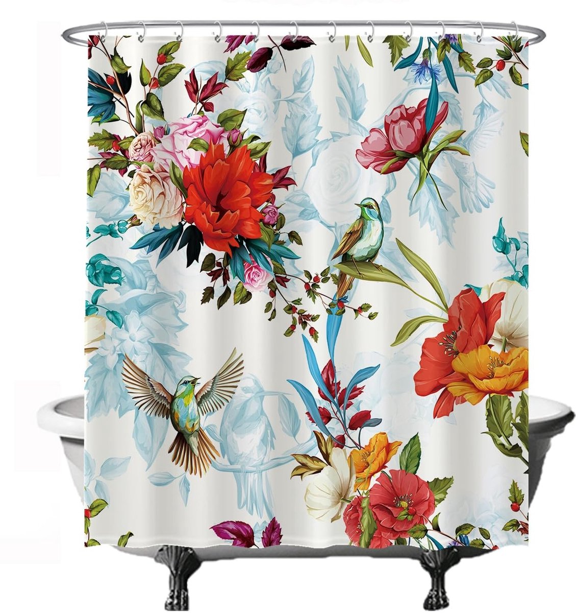 Douchegordijn - Bloem Vogel Natuur Flowers - 180 x 200 cm - Wasbaar - Anti Schimmel - met 12 ringen - Rood Roze Oranje Blauw Paars Groen