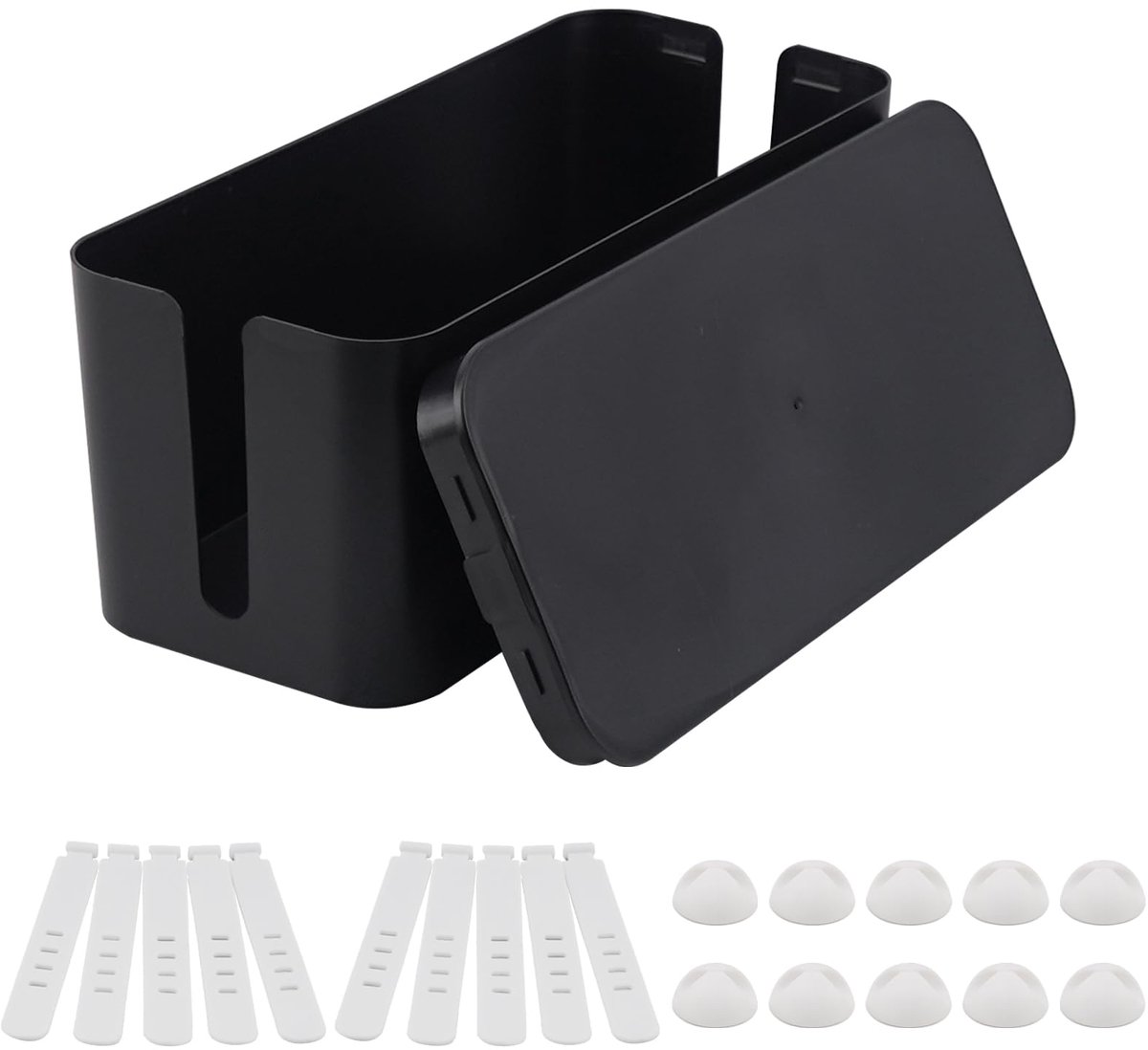 Kabelbox, kabelmanagementbox, kleine opbergdoos voor stekkerdozen en adapter, kabelverzamelaar met zijdelingse ingangen, zwart, medium (32,7 x 13,5 x 12,5 cm)