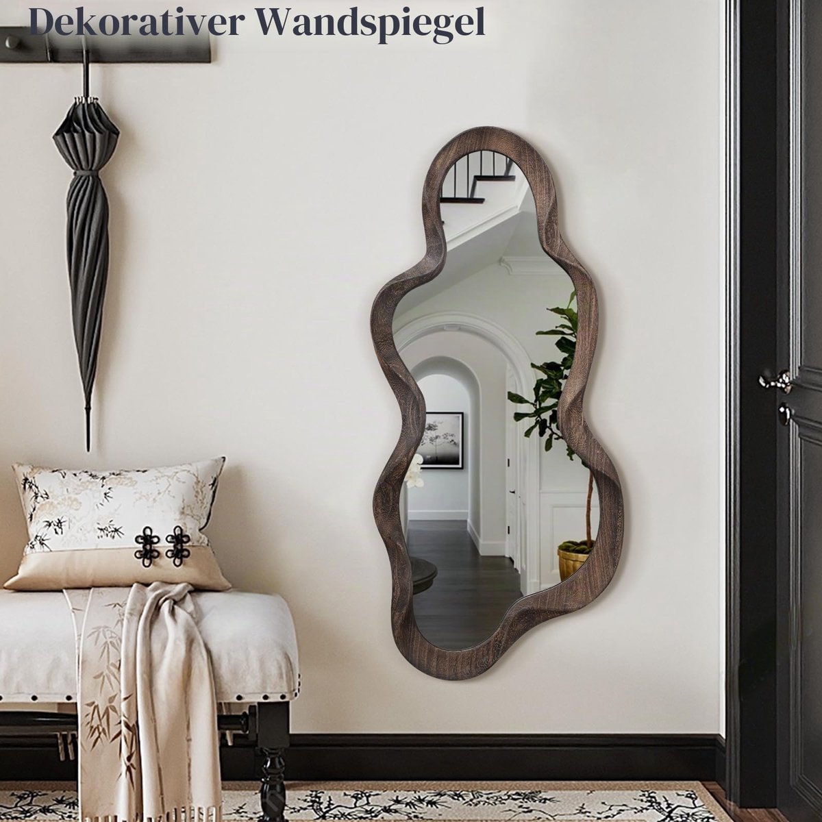 Spiegels voor muur, unieke wolkenvormige onregelmatige spiegel met houten frame, modern, voor woonkamer, slaapkamer, kaptafel, hal, decoratieve artistieke wandspiegel