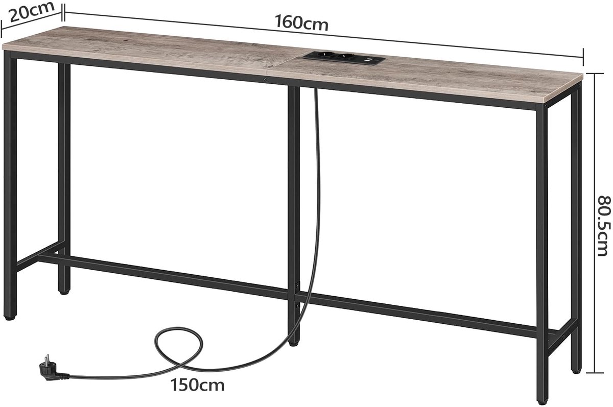 Consoletafel met Laadstation, 160 cm Smalle Banktafel,Industriële Instaptafel met USB-Poorten, Bankbijzettafel voor Entree, Hal, Foyer, Woonkamer, Grijs ACTHG16UE01