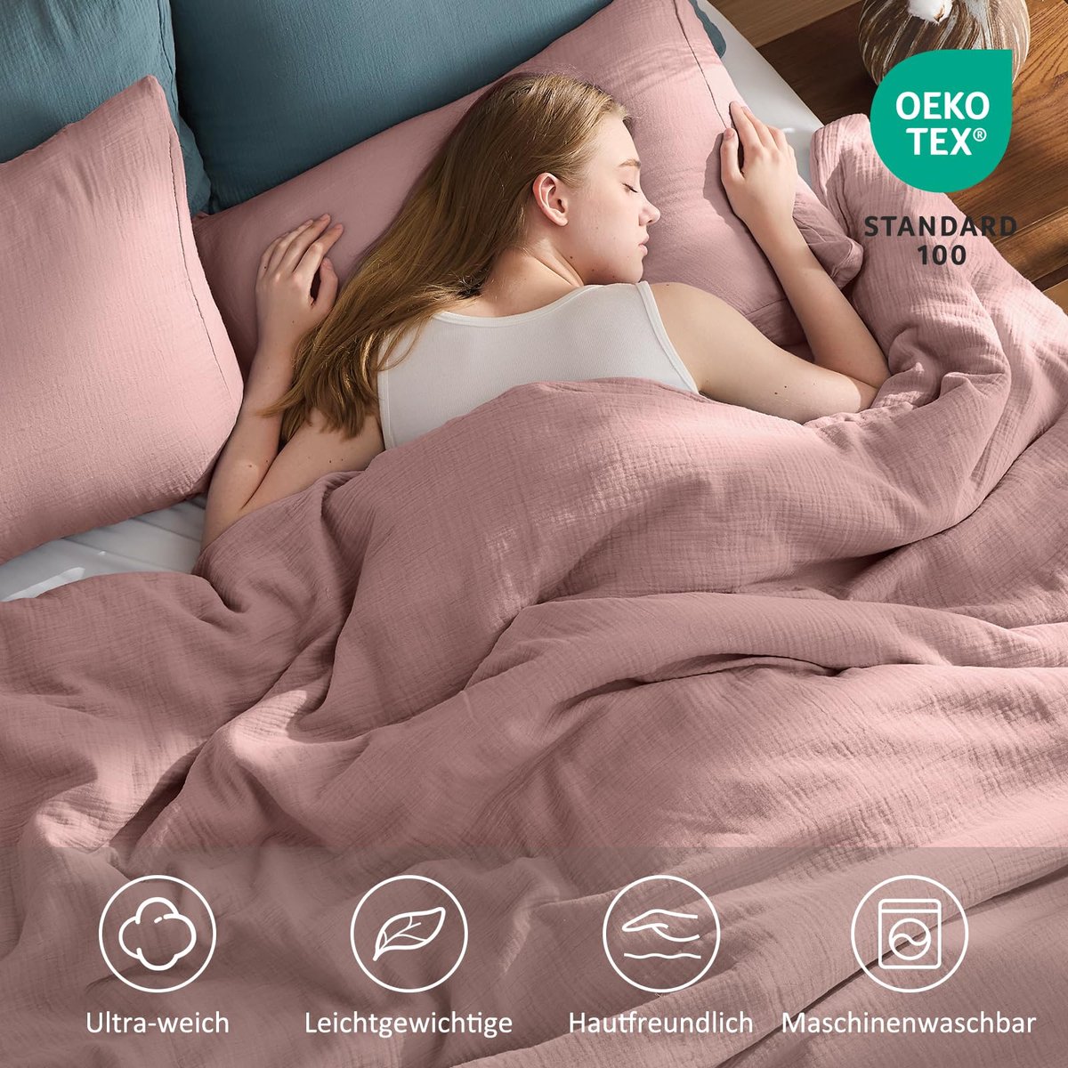 Mousseline beddengoed, 220 x 240 cm, 100% katoen, Oeko-Tex-gecertificeerd, dubbel, extra zacht, 4-seizoenen-set met ritssluiting, 1-delige set dekbedovertrek met 2 kussenslopen van 80 x 80 cm
