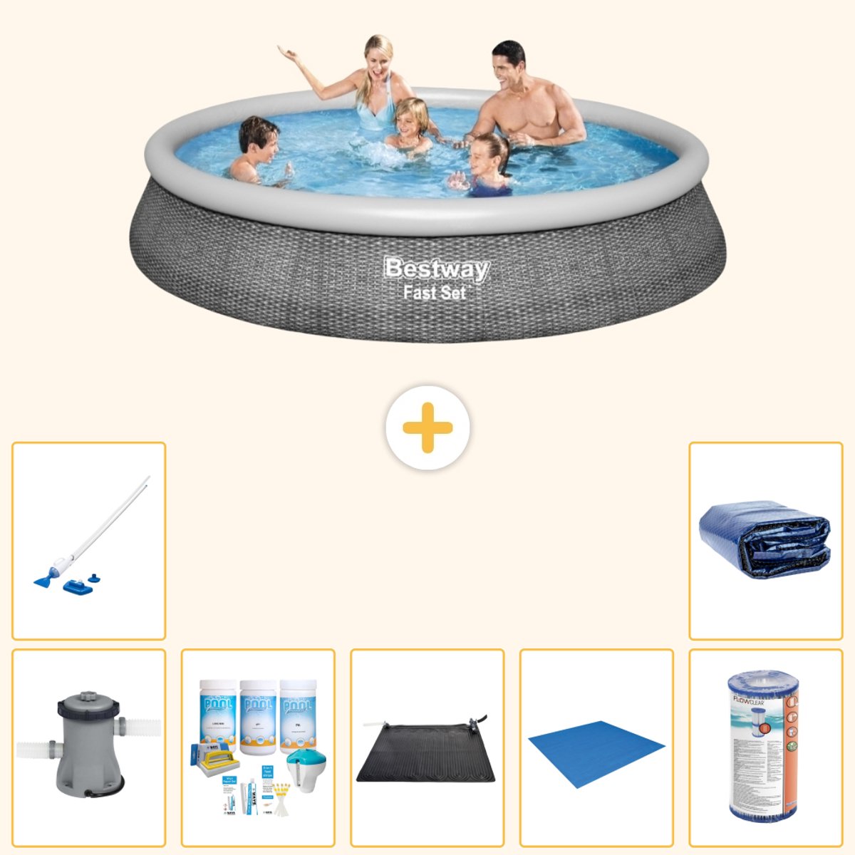 Bestway Rond Opblaasbaar Fast Set Zwembad - Rotanprint - 396 x 84 cm - Inclusief Pomp - Onderhoudspakket - Solar Mat - Grondzeil - Filter - Stofzuiger - Solarzeil - 8-delig