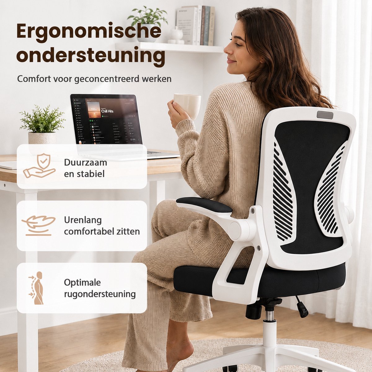 Milacyee Bureaustoel - Ergonomische Bureaustoel – Verstelbare Gaming/Computerstoel met Mesh Rug & Lendensteun – 90° Opklapbare Armleuningen – Directiestoel met Stille Wieltjes – Tot 130 kg Belasting - Wit - Geschikt voor thuiswerk en kantoor – foto 4