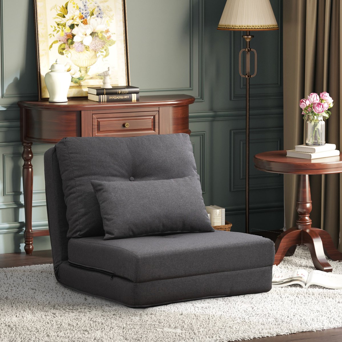 MIVRAY Fauteuil 60 x 80 x 56 cm - 2-in-1 Opvouwbare Vloerstoel Met Verstelbare Rugleuning - Voor Woonkamer En Gamingruimte - Linnen Donkergrijs