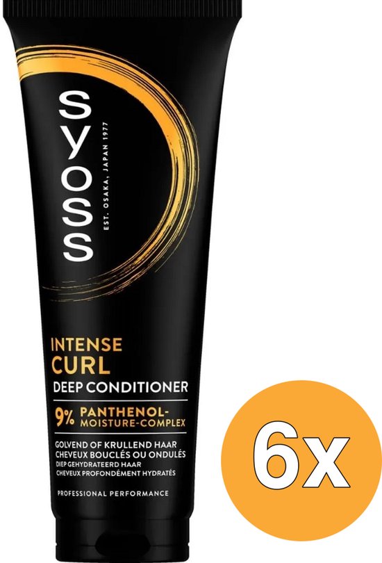 Zwarte tube met gouden krul en 'Syoss Intense Curl Deep Conditioner 9% Panthenol-Moisture-Complex'. Verpakking bevat 6 stuks.