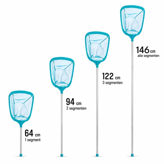 Vier blauwe schepnetten met zilverkleurige stelen van verschillende lengtes: 64 cm, 94 cm, 122 cm en 146 cm met alle segmenten.