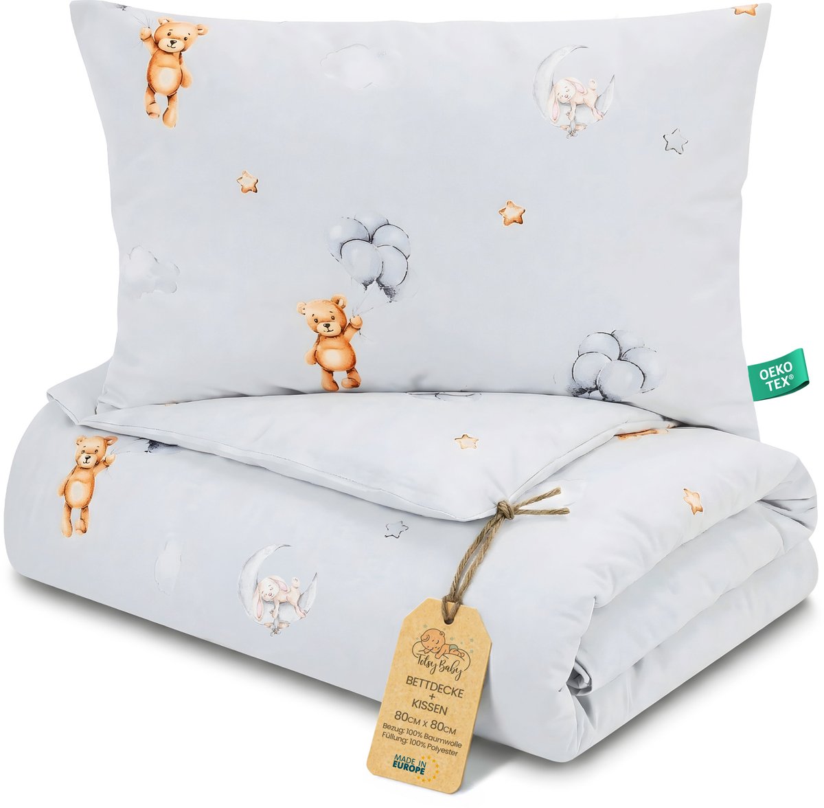 Kinder dekbed zonder hoes 80x80 cm - Katoenen baby deken en kussen set kinderdeken 80 x 80 en kussen 40 x 35 - Dekbedden kinderdekbed voor babybed Oeko-Tex Knuffelberen