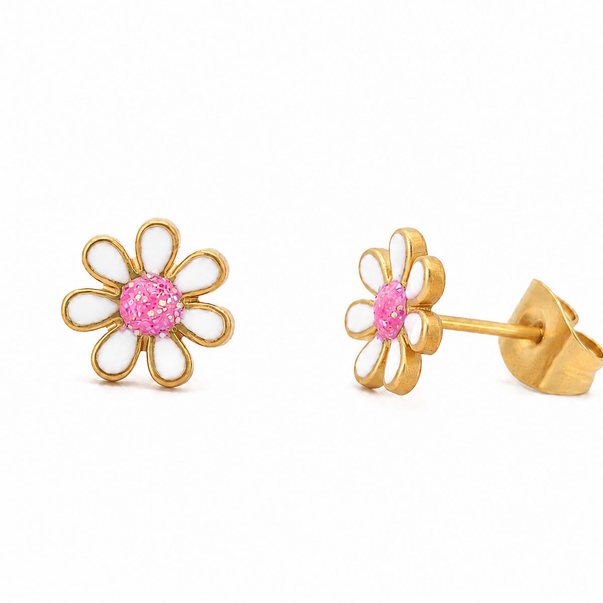 Dames oorknopjes oorstekers madeliefje wit en roze bloem goudkleurig gold plated staal