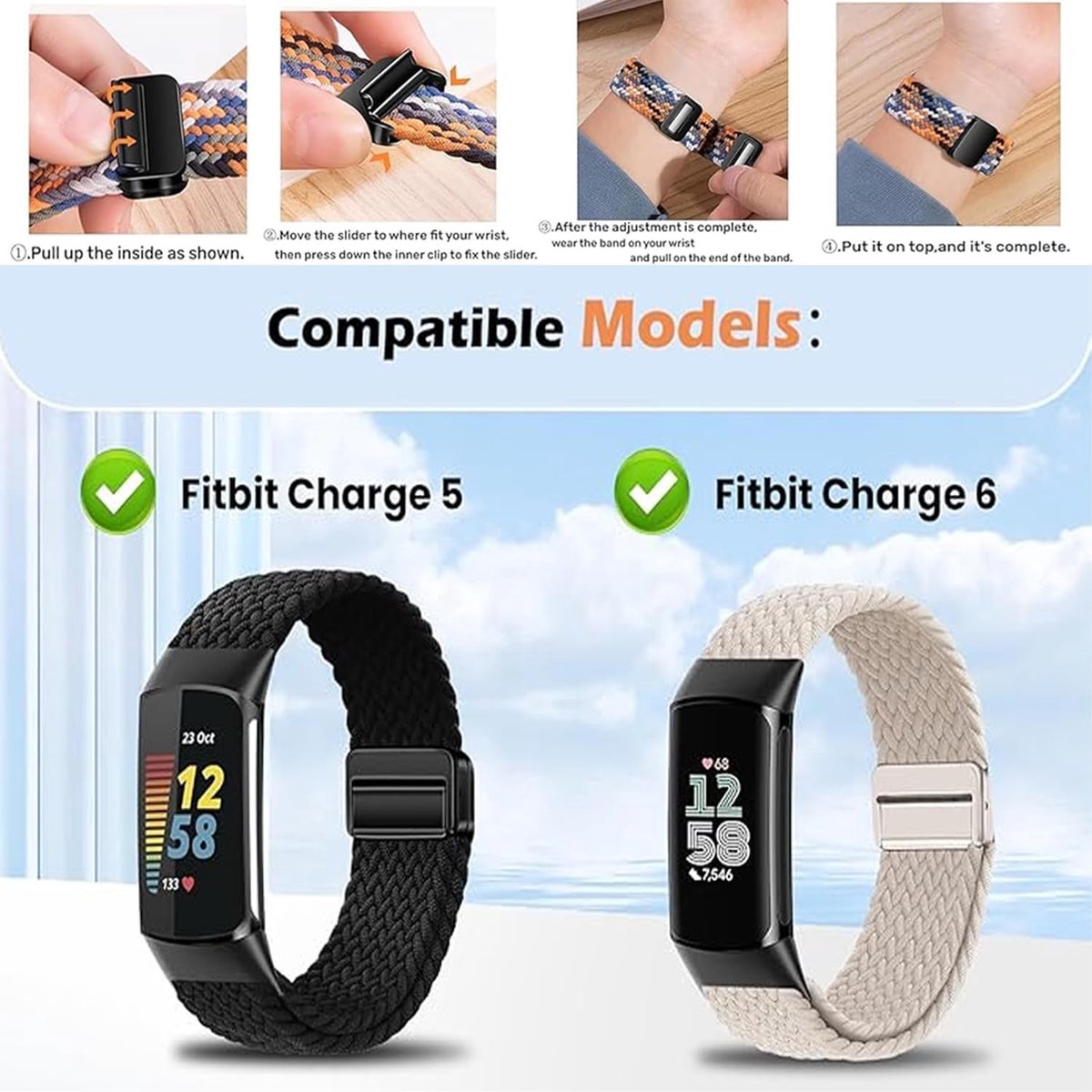 Nylon Fitbit Charge 6 Horlogebandjes van Magnetisch Rekbaar Stof voor Draagcomfort en Aanpassing thumbnail 2