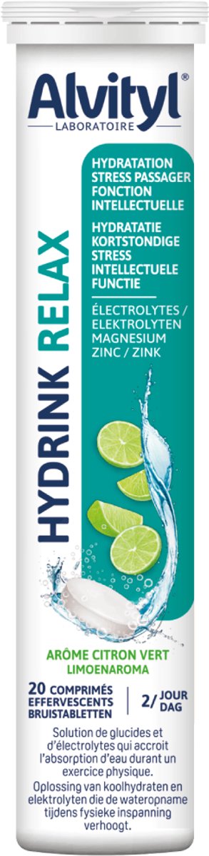 Alvityl Hydrink Relax – Elektrolyten Bruistabletten Limoen – Hydratatie & Ontspanning – Concentratie & Stressweerstand – Magnesium, Zink & Vitamine B6/B12 – 20 Tabletten