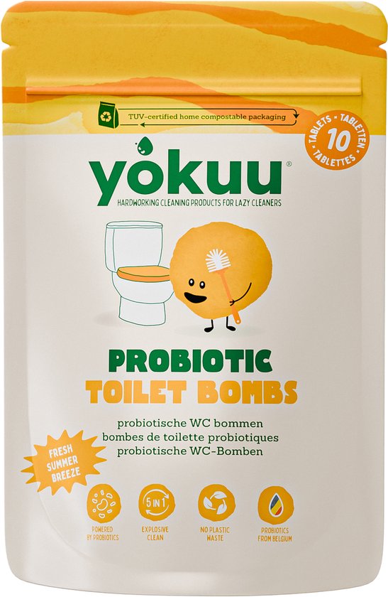 Verpakking met "Probiotic Toilet Bombs" met een tekening van een toilet en een lachende toiletbom met borstel.